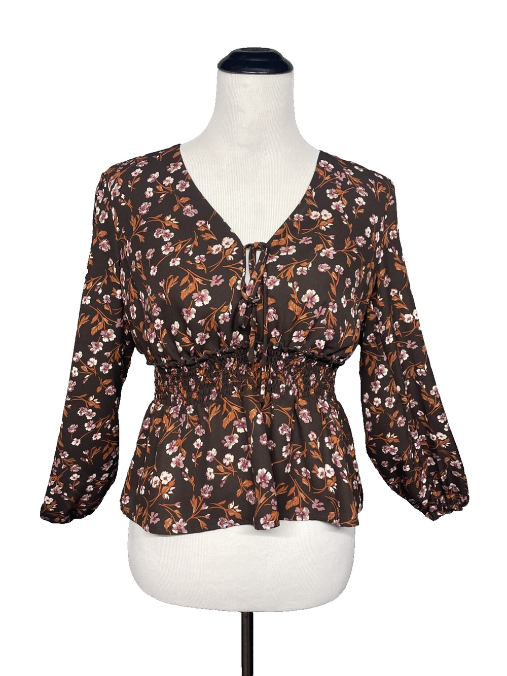 Jane & Hudson Womens SM Brown Floral Peplum Top Smocked Waist Long Slv Baby Doll